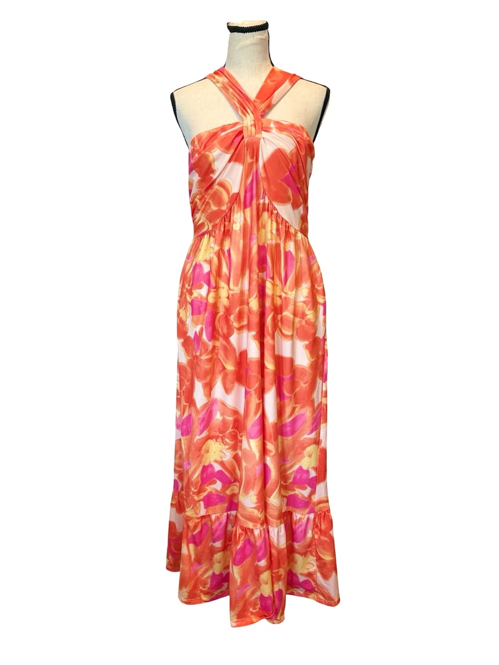 Grace Karin Orange Pink Floral Halter Maxi Dress Pockets Sleeveless Large